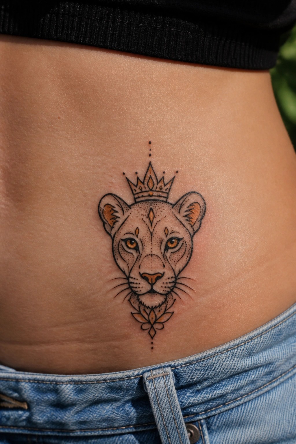 Crowned lioness tattoo with floral design on abdomen between black top and jeans.
