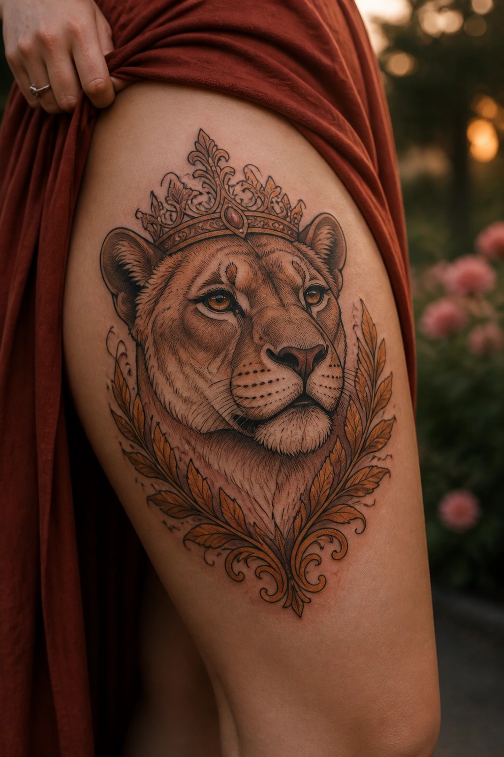Neo traditional lioness tattoo with crown and laurel leaves on the upper thigh
