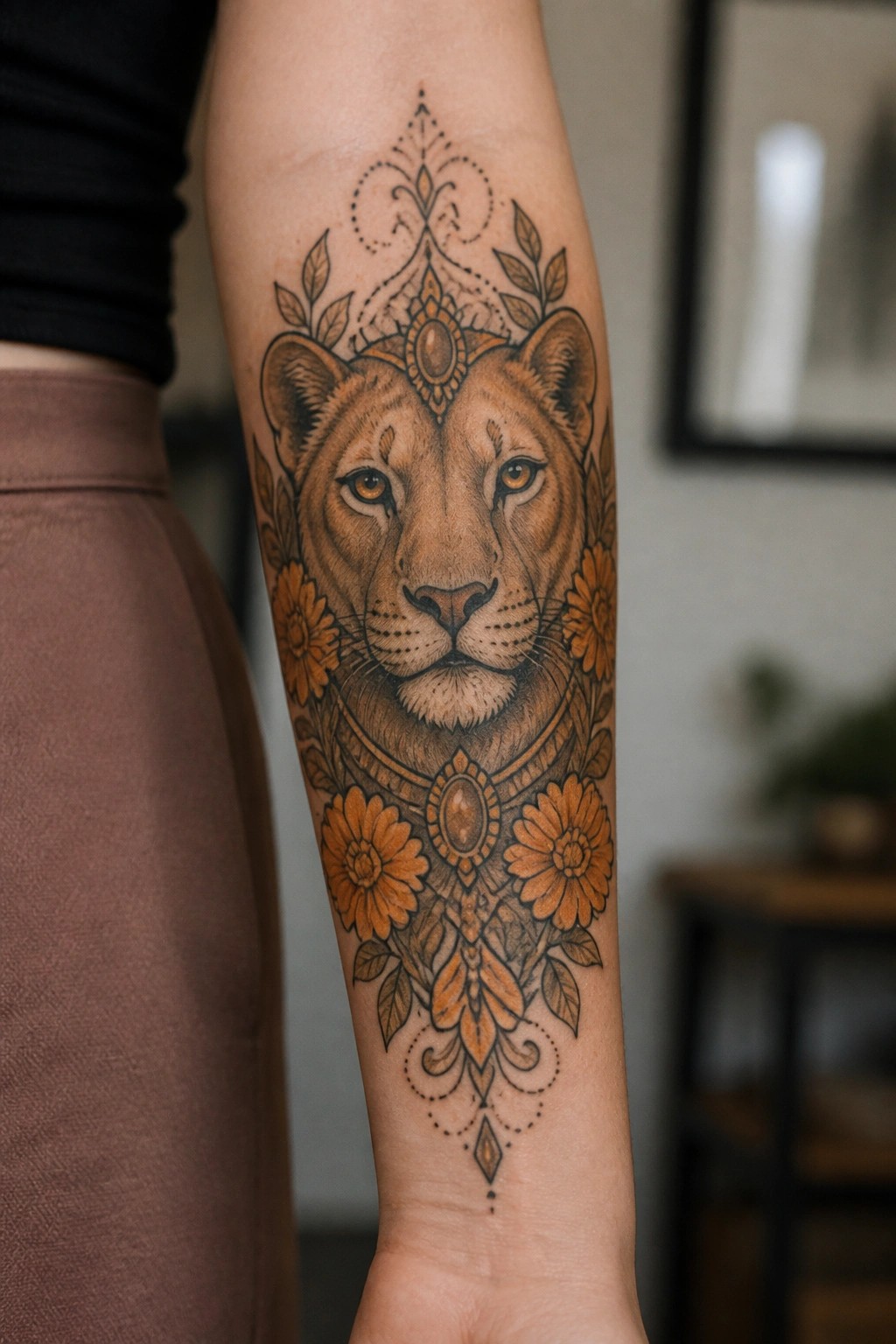 Ornate lion head tattoo with orange flowers and patterns on forearm.
