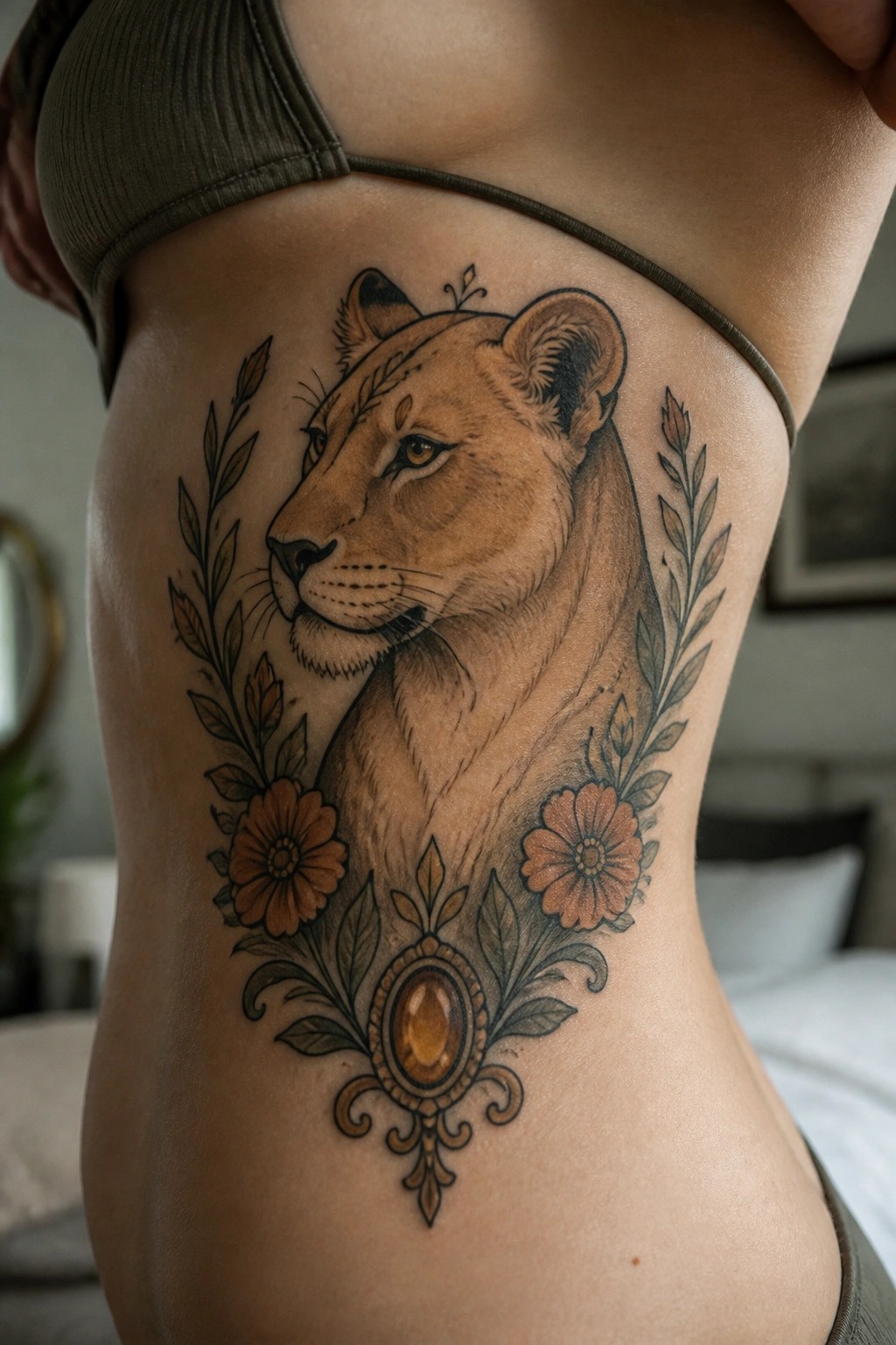 Lioness tattoo with orange flowers and amber gem below green bra on torso