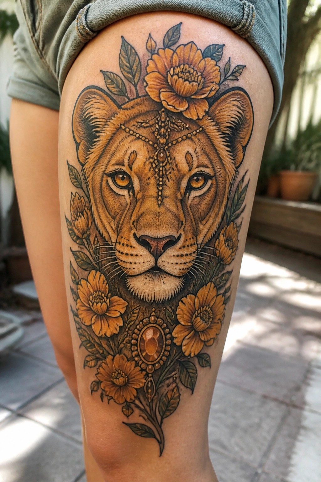 Neo traditional lioness tattoo on the thigh with orange flowers and decorative jewelry accents on the forehead