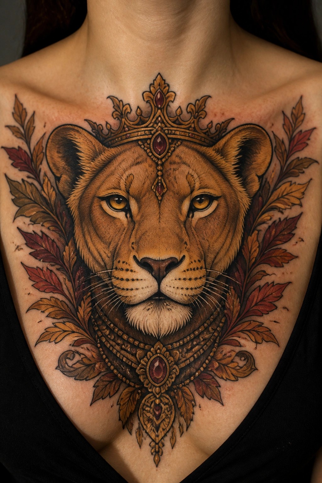 Ornate lion tattoo with crown and red gems amid autumn leaves on chest