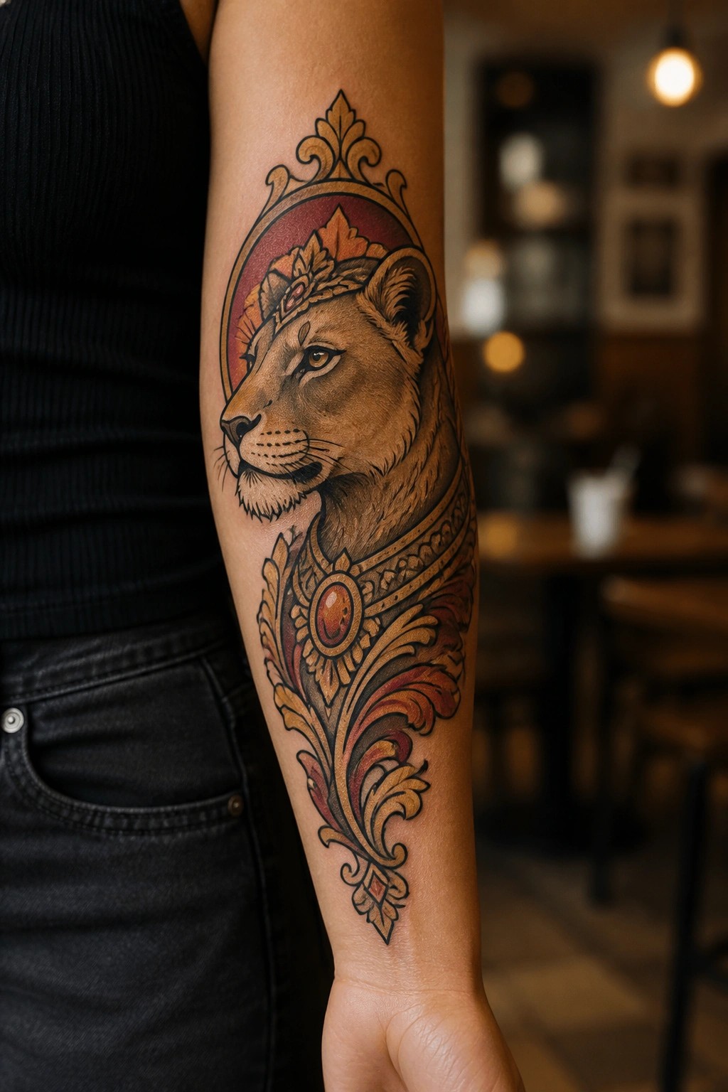 Ornate lioness tattoo with crown and red frame on forearm in black top