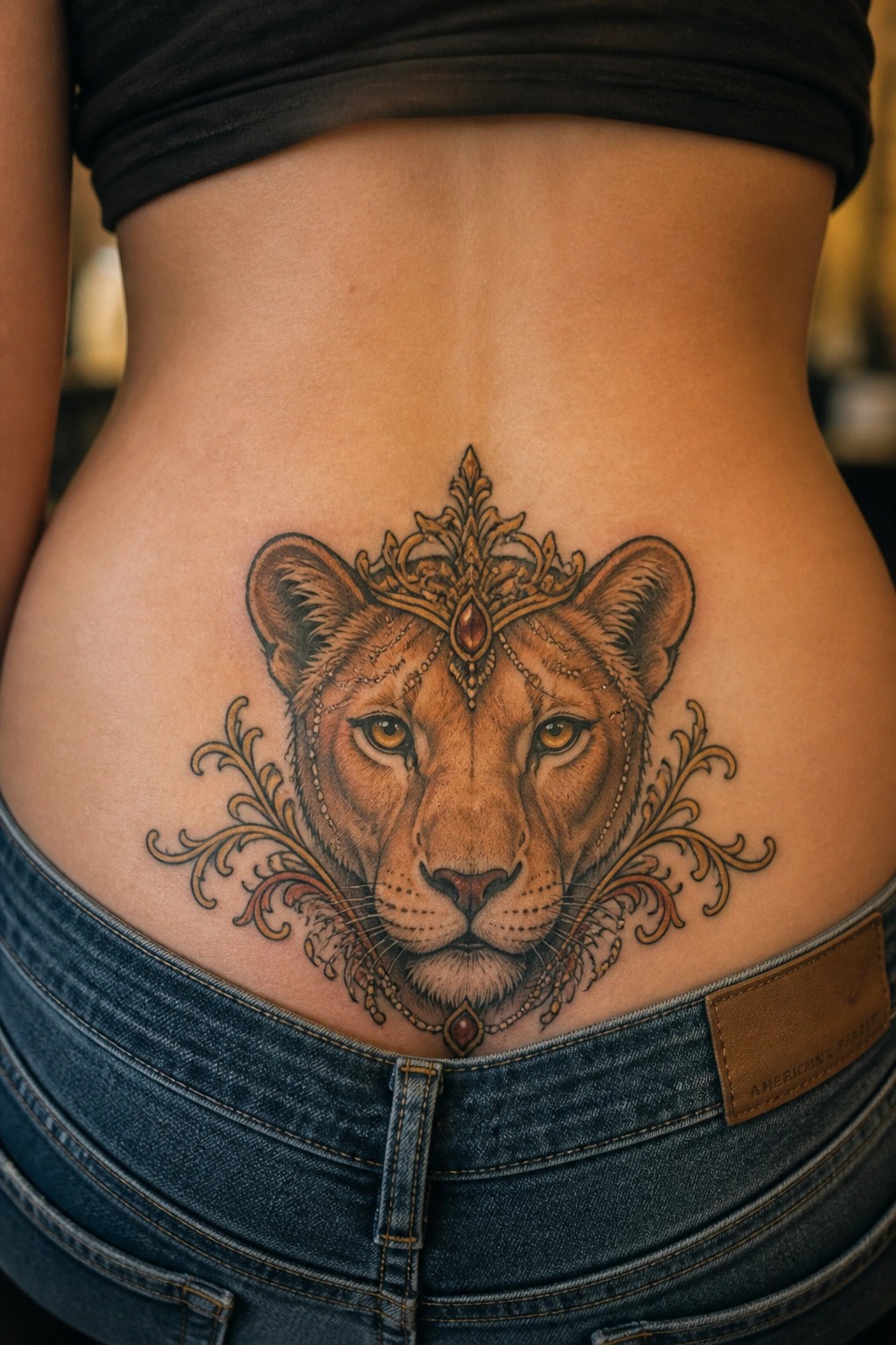 Neo traditional lioness tattoo on the lower back with crown and ornate jewelry details in warm tones