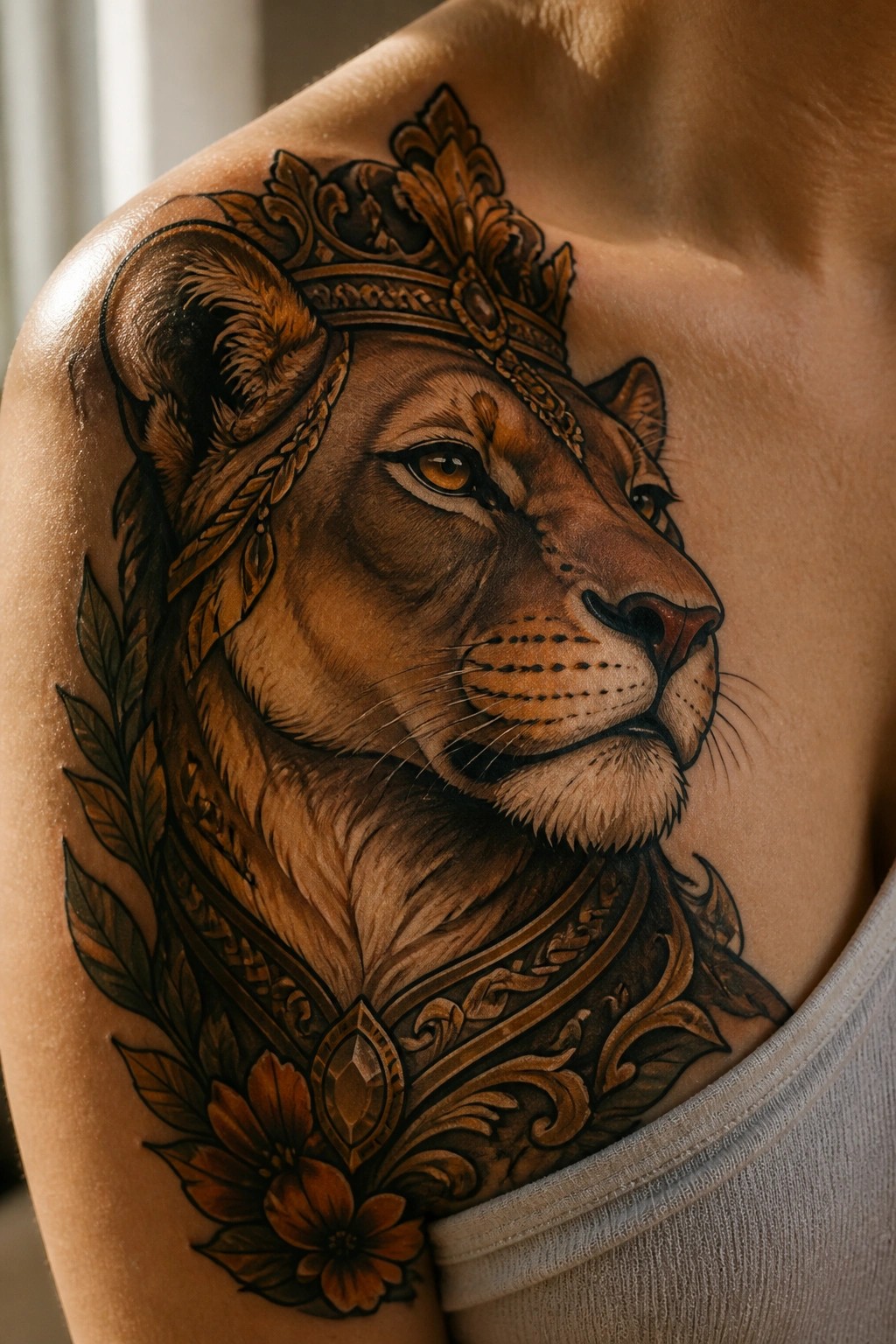 Neo traditional lioness tattoo on the shoulder with crown, ornate bands, leaves, and flowers in warm brown tones