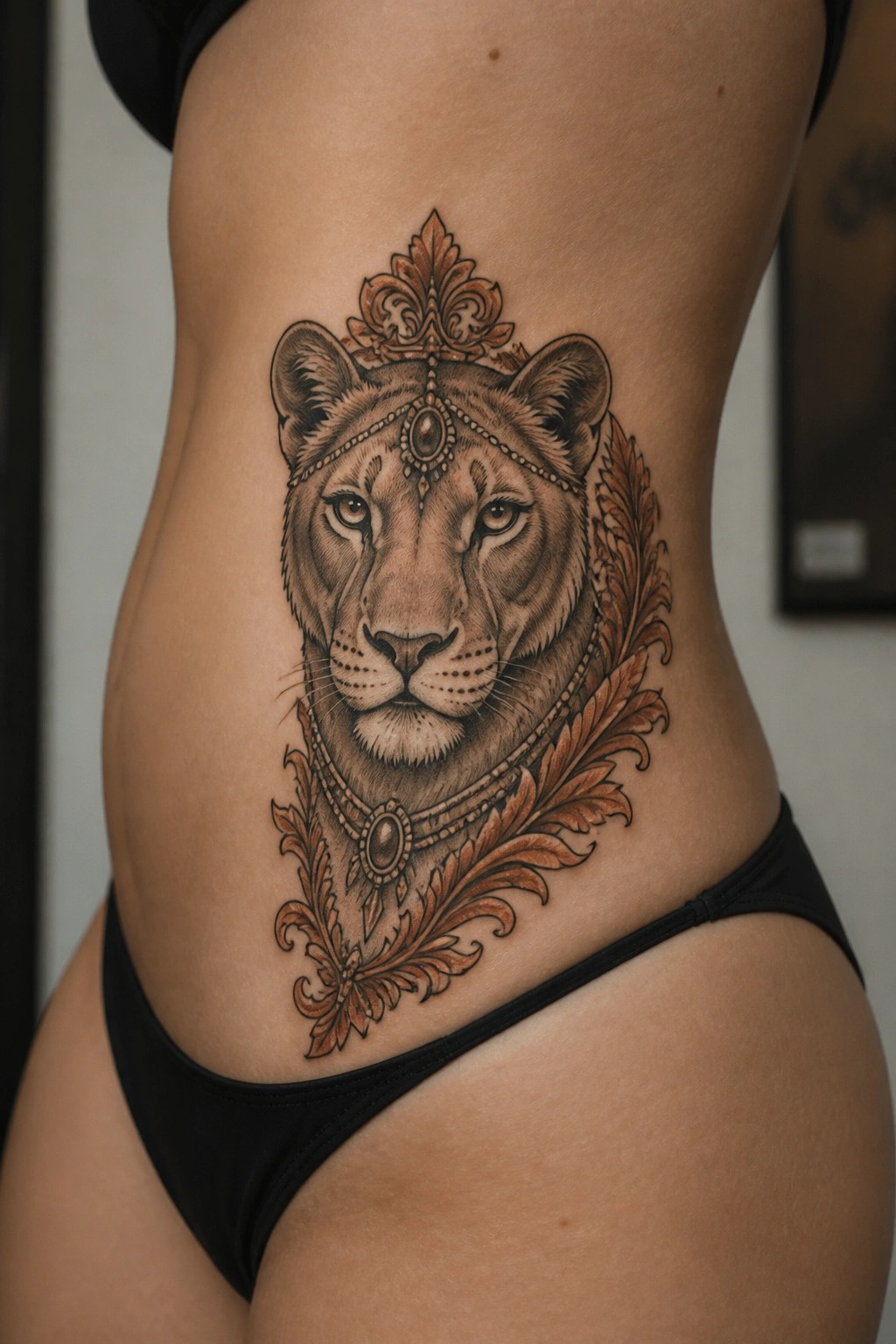 Ornate lioness tattoo with jeweled crown and filigree on woman's hip above black underwear