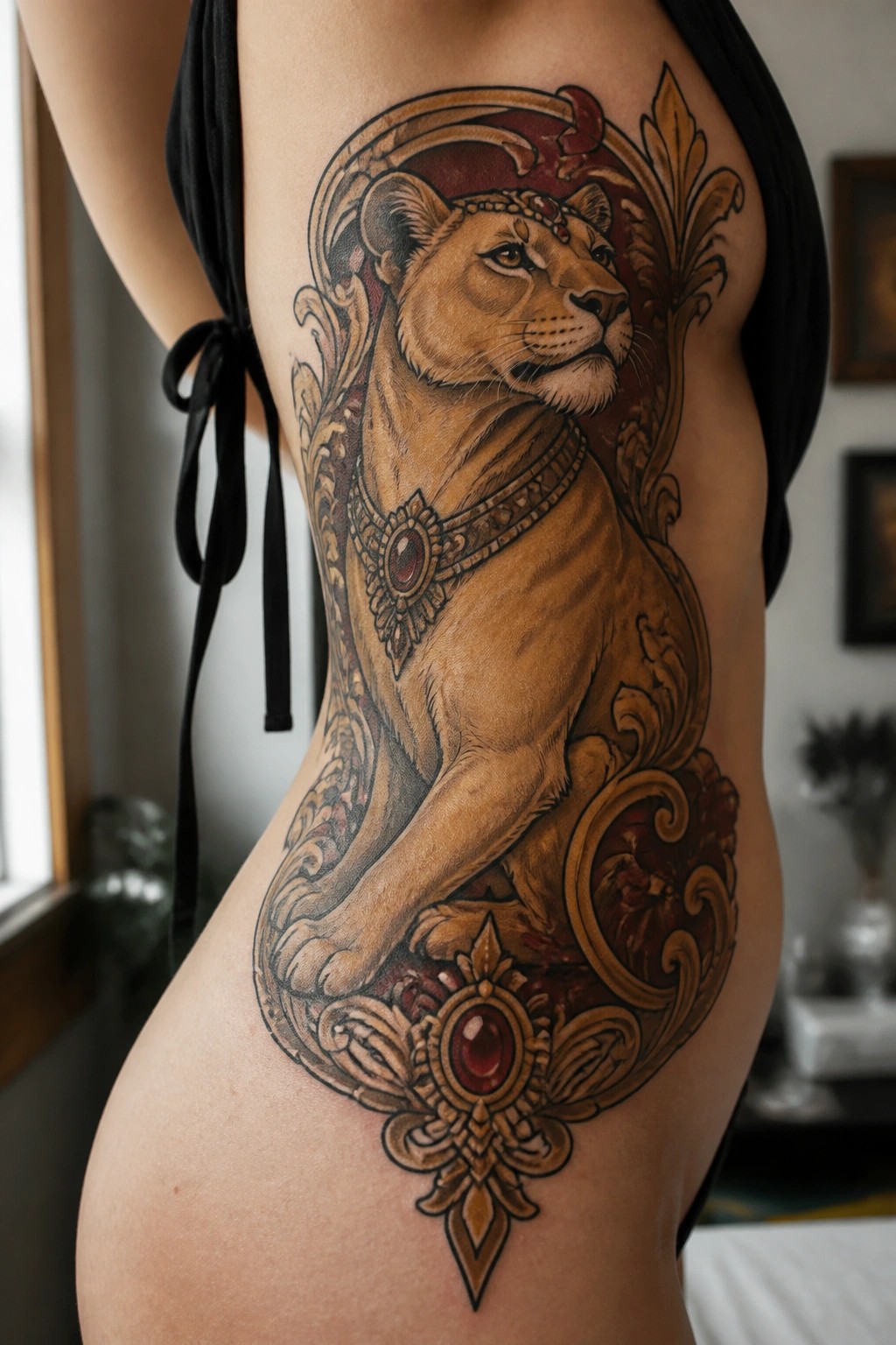 Ornate lioness tattoo with red and gold filigree on woman's side
