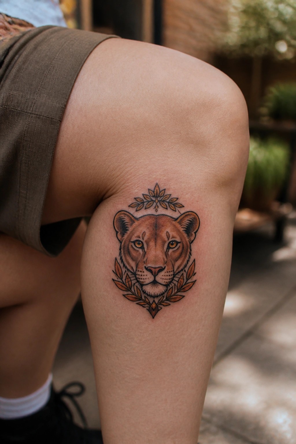 Neo traditional lioness tattoo on the thigh with a small floral crown above the head and laurel leaves below in warm brown tones.