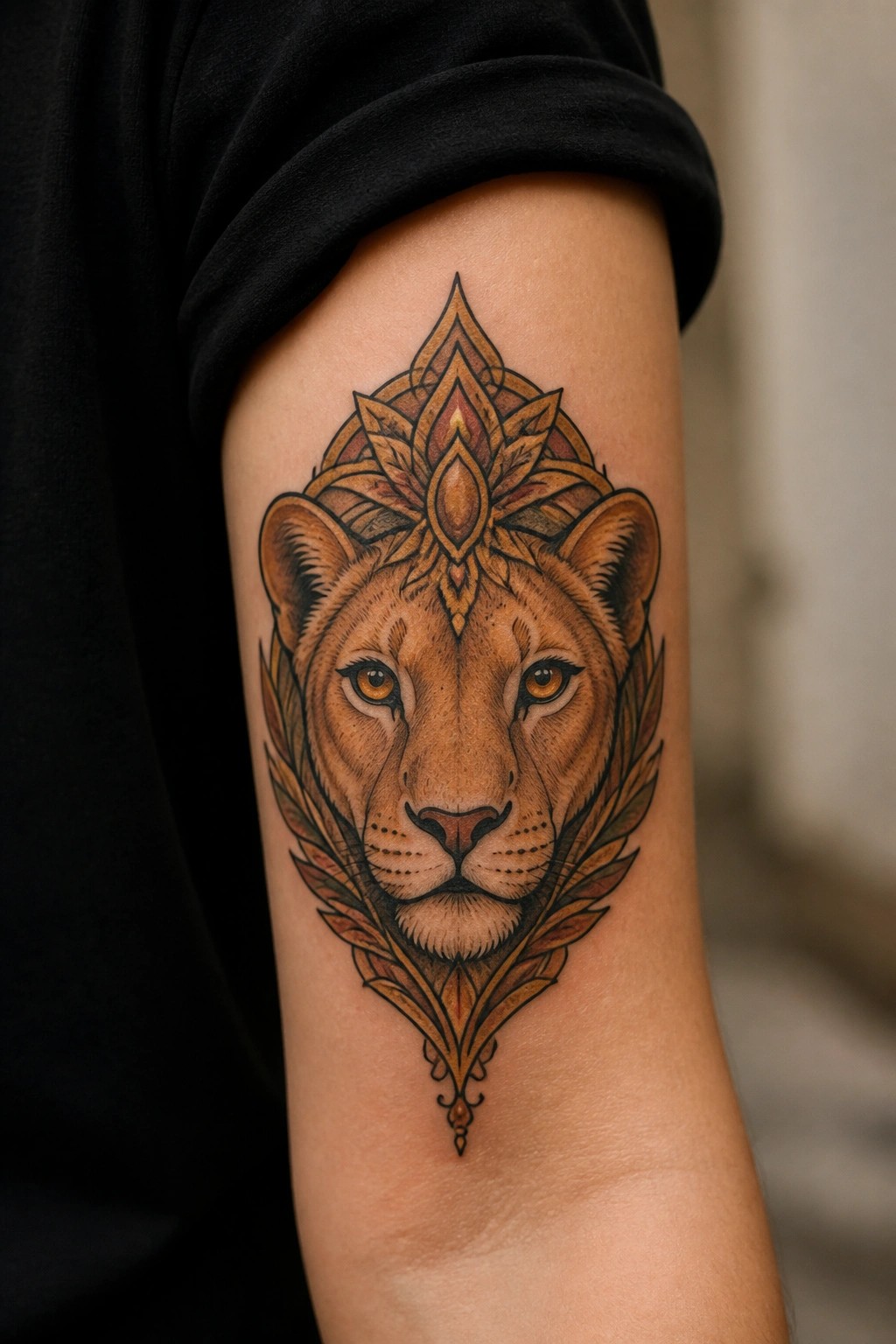 Detailed lion tattoo with floral mandala and leaf patterns on upper arm