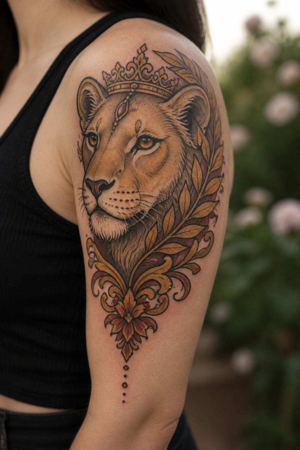 Woman's shoulder with realistic crowned lioness tattoo in gold and brown tones with floral accents