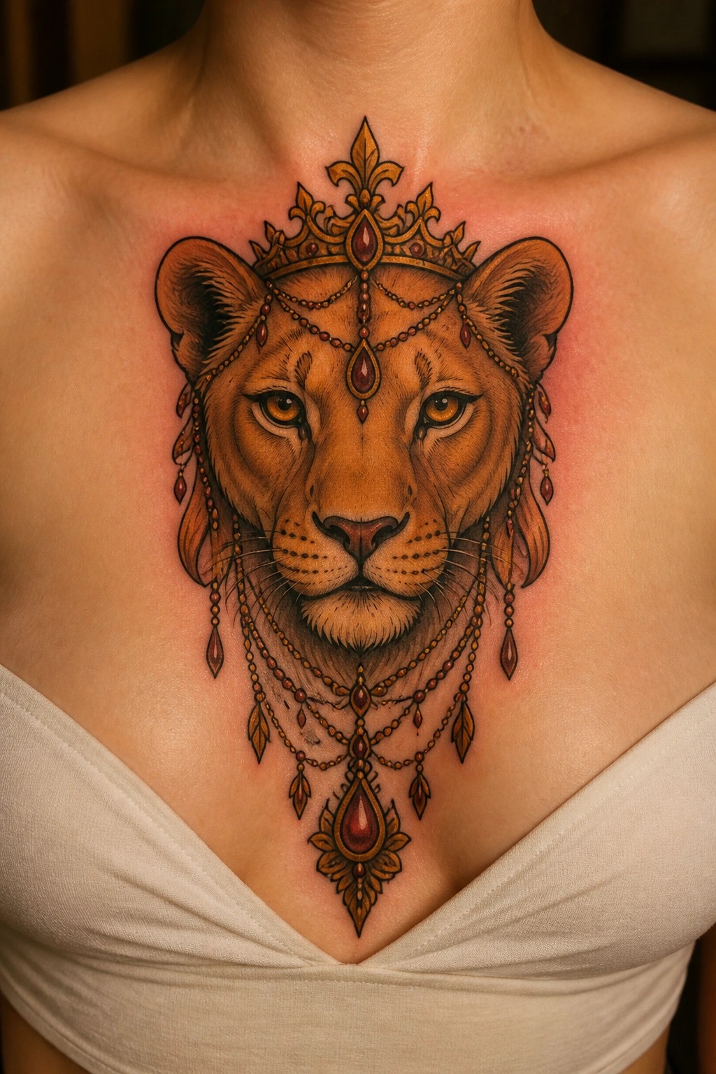 Neo traditional lioness tattoo with crown and red gem jewelry on the upper chest.