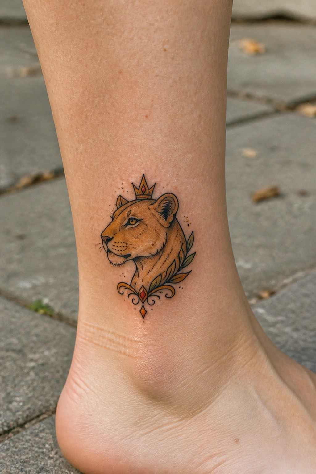 Crowned lioness head tattoo with leaves and swirls on ankle.