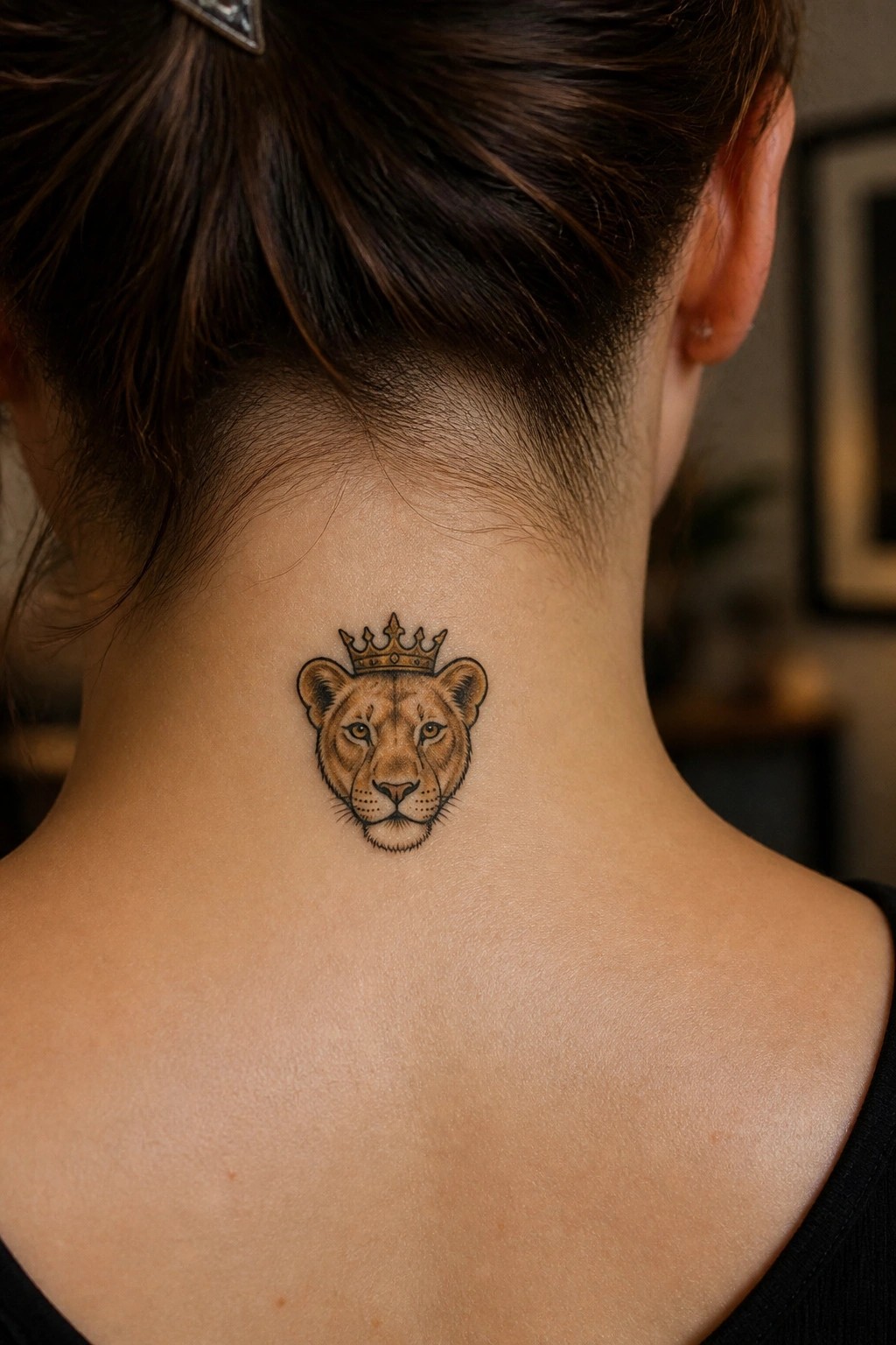 Crowned lion tattoo on the back of a woman's neck with dark hair.
