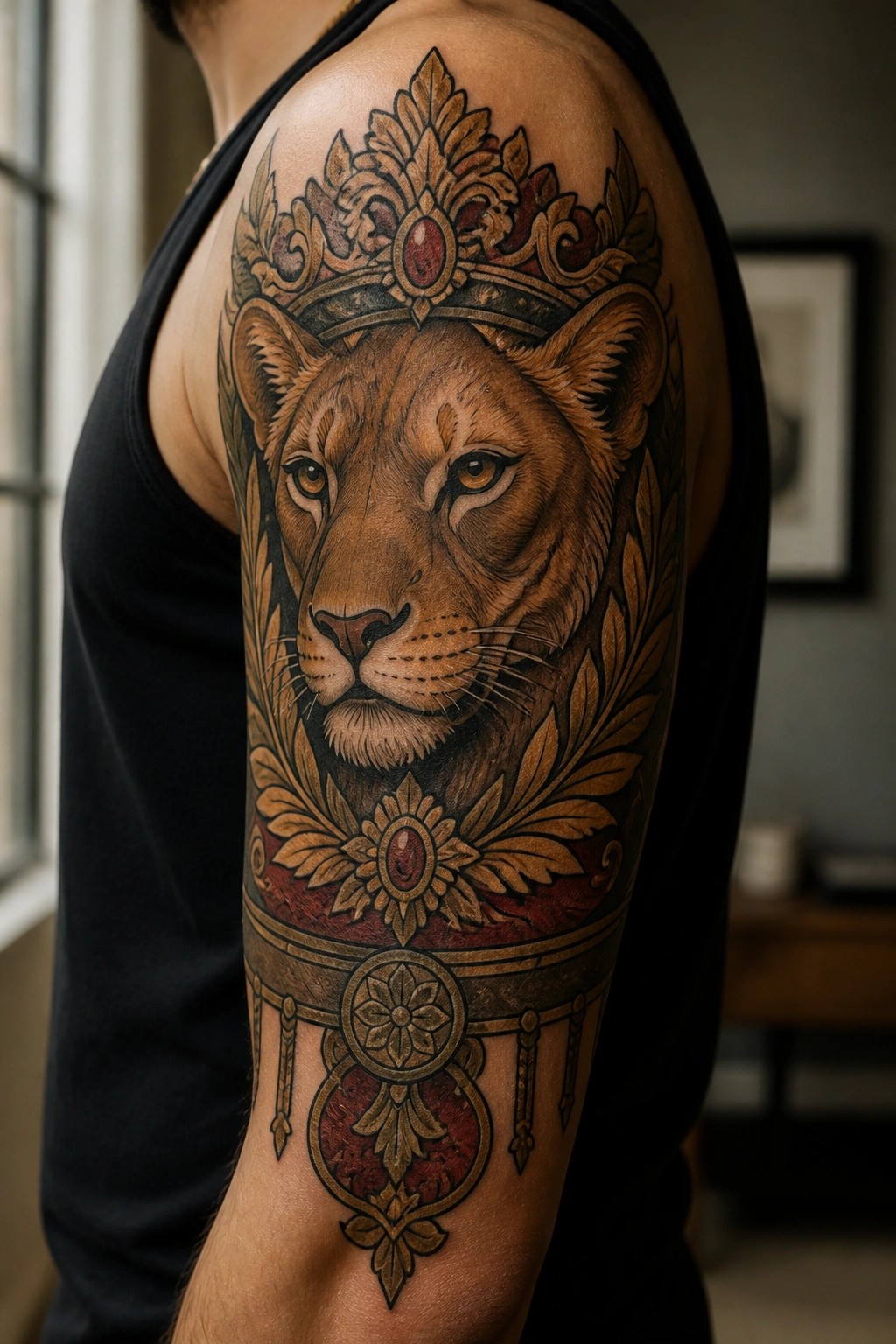 Intricate lion with ornate crown tattoo on shoulder of person in black tank top