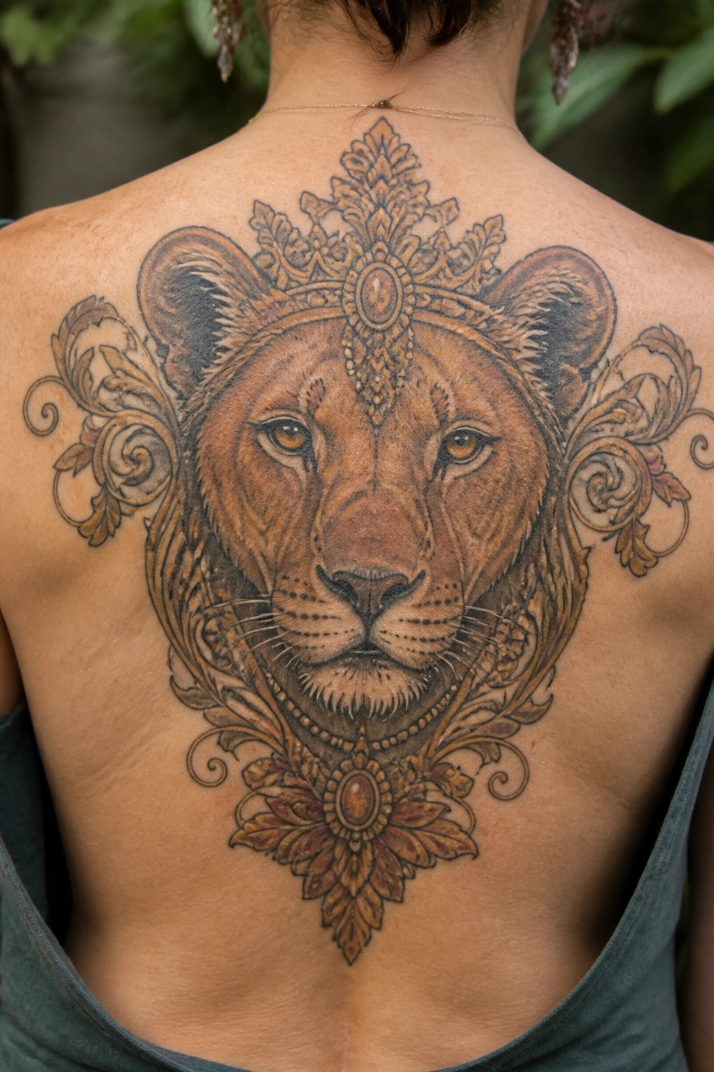 Neo traditional lioness tattoo centered on the upper back with an ornate headdress, symmetrical floral flourishes, and warm shading.