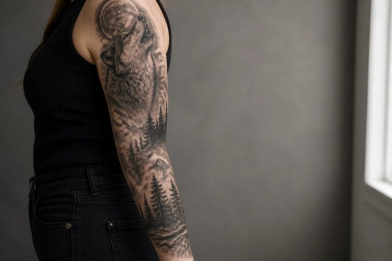 Woman in black tank top with howling wolf and forest tattoo sleeve.