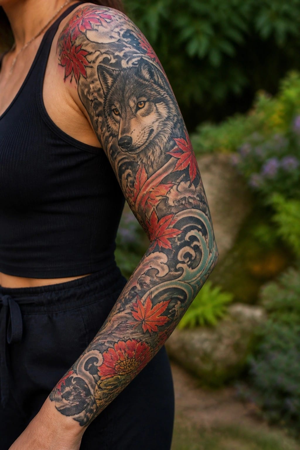 Woman's full sleeve tattoo showing a realistic wolf on the upper arm surrounded by red maple leaves and traditional wave patterns extending to the forearm.