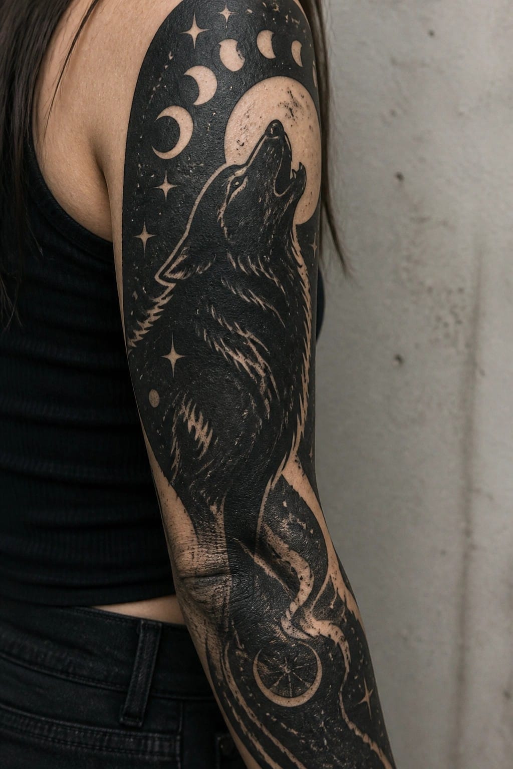 Black and gray full sleeve tattoo of a howling wolf surrounded by moon phases and stars on a woman's arm