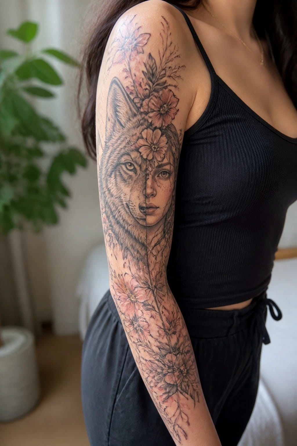 Woman's arm with a realistic tattoo of a wolf head blending into a female face, surrounded by pink flowers along the full sleeve.