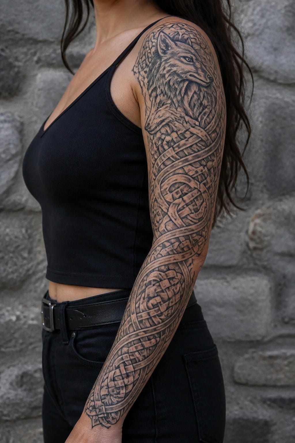 Woman in a black tank top displays a full sleeve tattoo featuring a wolf head on the shoulder and detailed Celtic braids wrapping down the arm.