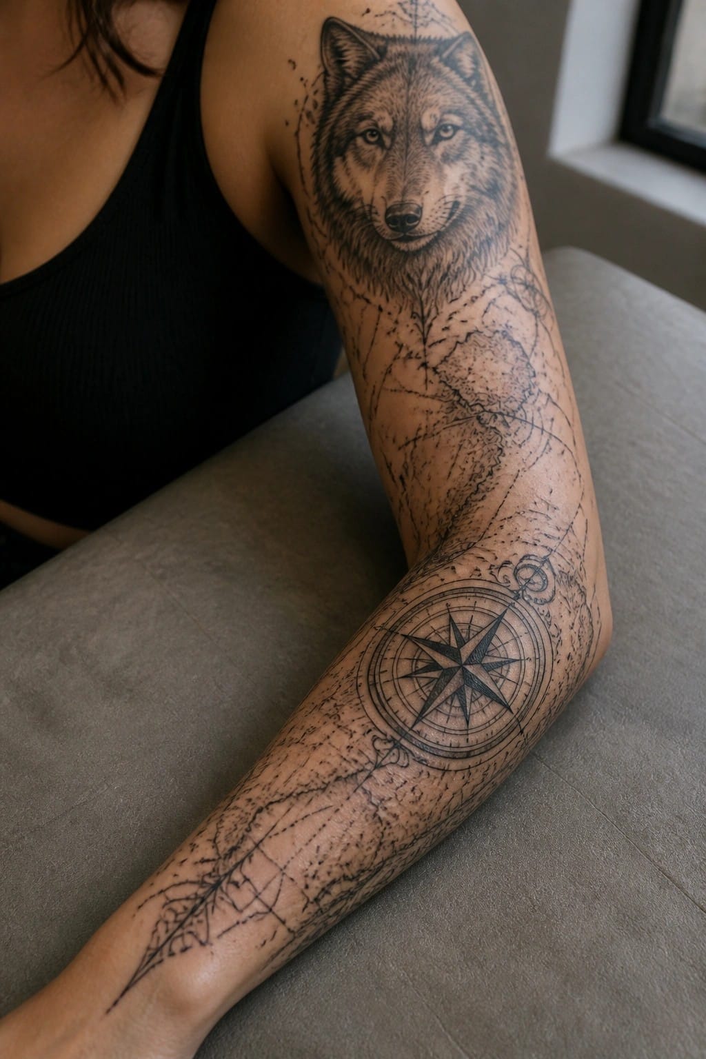 Detailed wolf head tattoo on the upper arm with map lines flowing into a compass design on the forearm