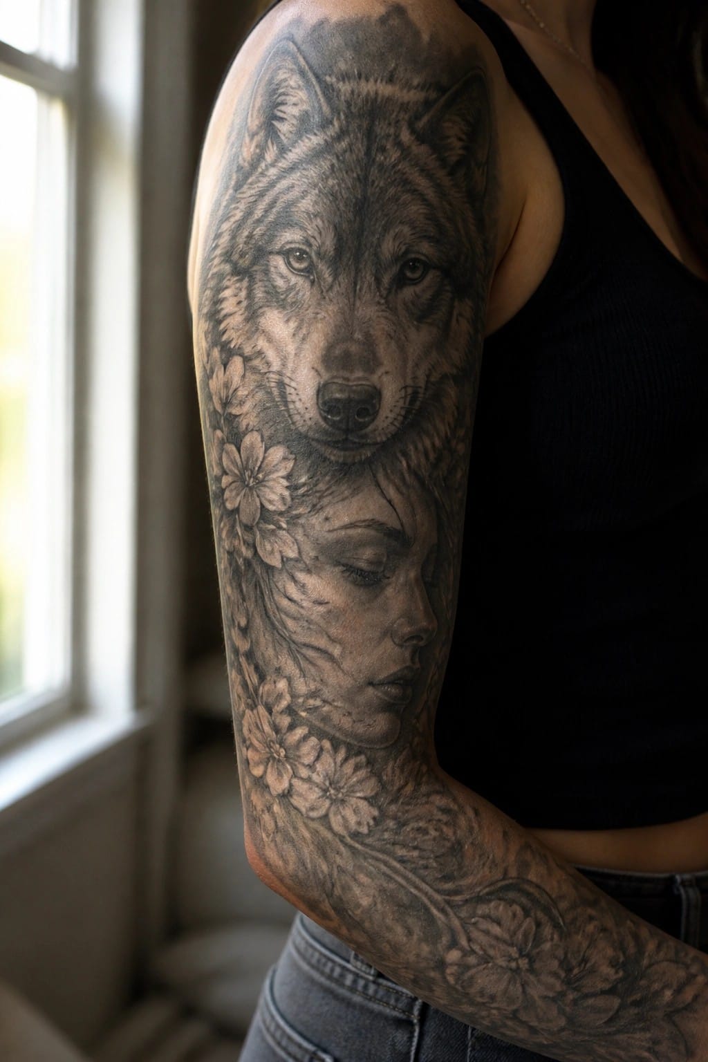 Black and gray tattoo sleeve with wolf head above woman's face and flowers