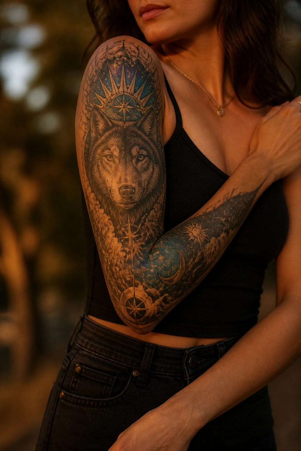 Woman's arm showing a full sleeve tattoo with a realistic wolf head on the upper arm, compass and starry sky above it, and moon with additional celestial details on the forearm.