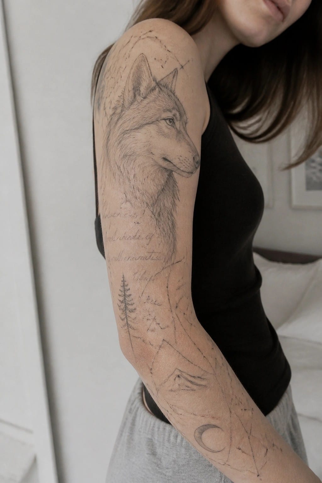 Arm in black tank top with wolf tattoo, script text, tree, mountains, and crescent moon.