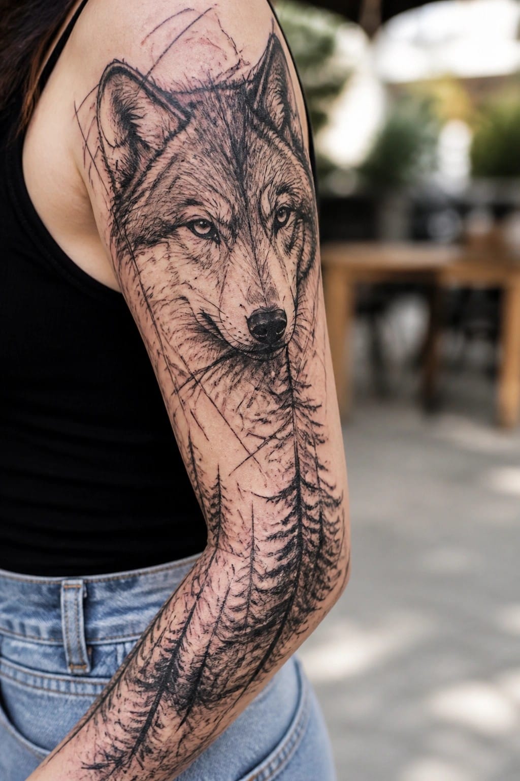 Black and grey wolf head tattoo on a woman's upper arm with a line of pine trees extending down the forearm in a full sleeve design.