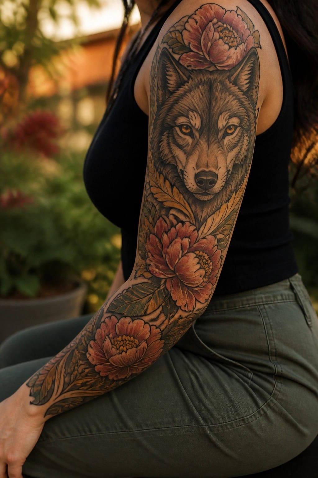 Woman's arm with wolf head tattoo and red flowers in black tank top