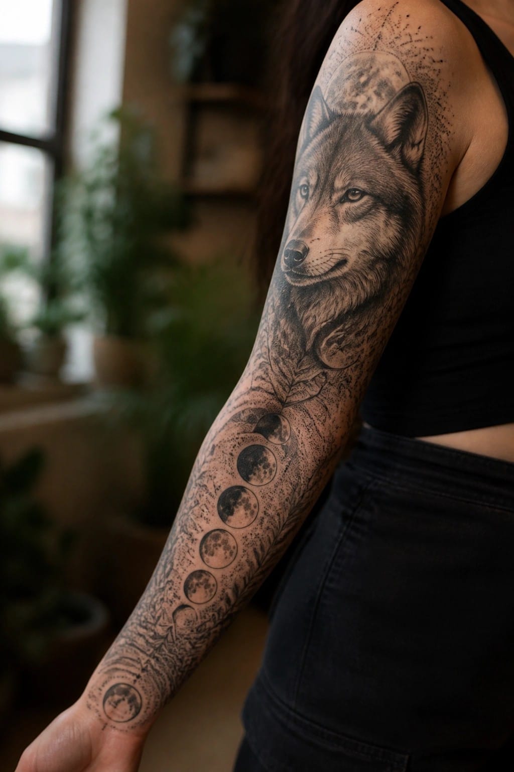 Black and grey wolf head tattoo on a woman's upper arm with moon phases and leaves running down the forearm to the wrist.