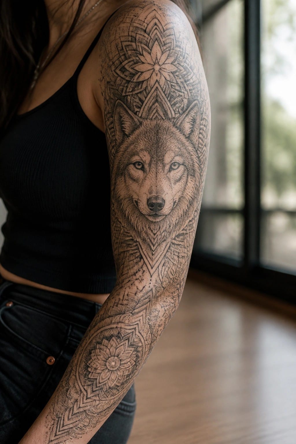 Woman's arm showing a black and grey wolf face tattoo with surrounding mandala and geometric patterns covering the full sleeve