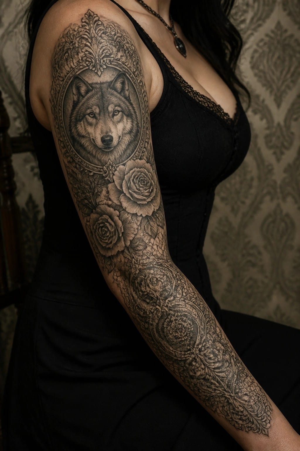 Woman's arm with detailed wolf tattoo in ornate frame amid roses and patterns.