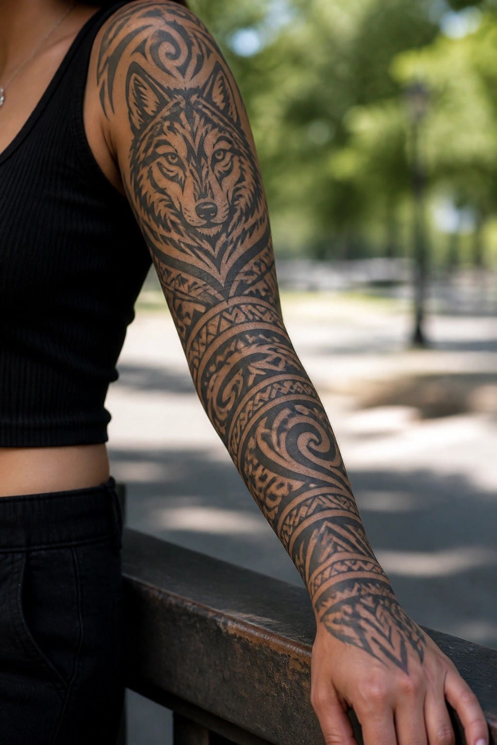 Woman's arm with wolf head and tribal tattoos resting on park bench.
