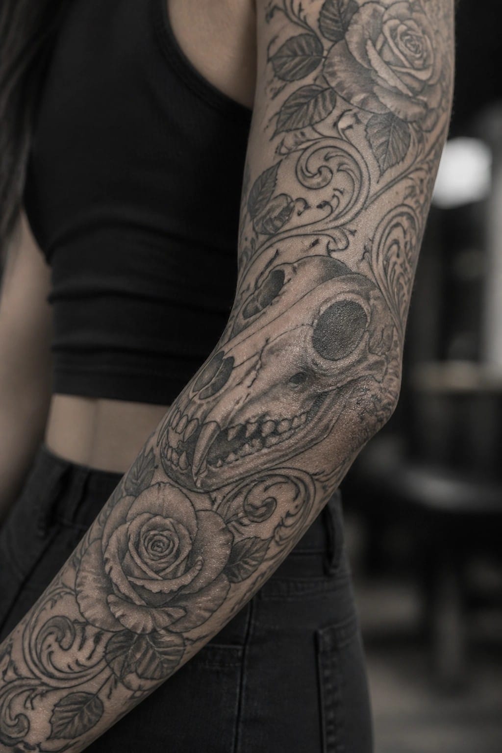 Black and grey sleeve tattoo with a central wolf skull and surrounding roses on a woman's arm