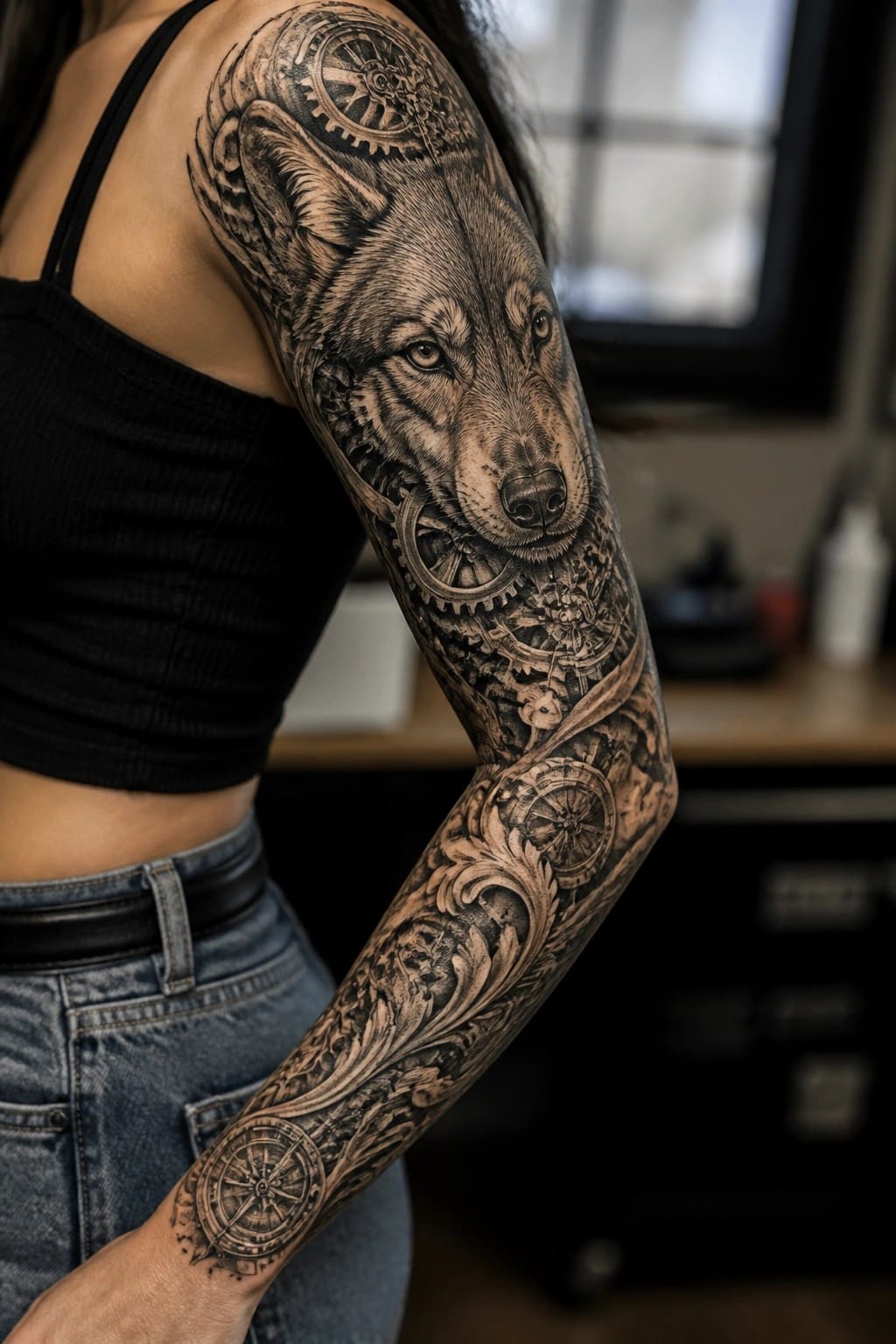 Detailed black and grey wolf sleeve tattoo on a woman's arm with integrated gears and compass elements.