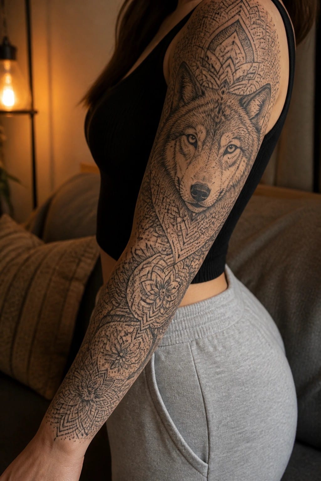 Woman showing a full sleeve tattoo with a realistic wolf head on the upper arm and mandala patterns extending down the forearm in black and grey.