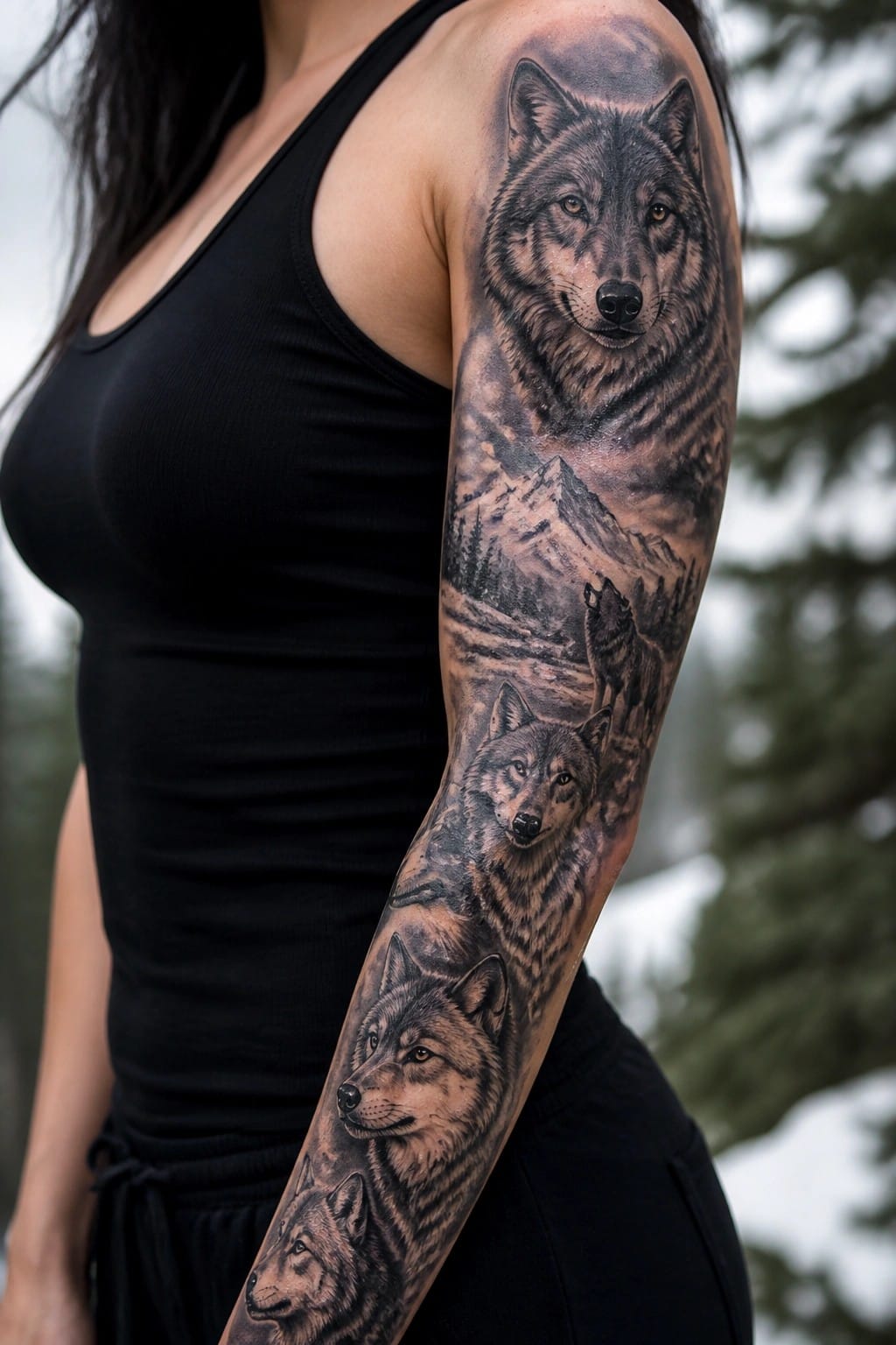 Realistic black and gray wolf sleeve tattoo on a woman's arm showing multiple wolves and a mountain landscape from shoulder to forearm