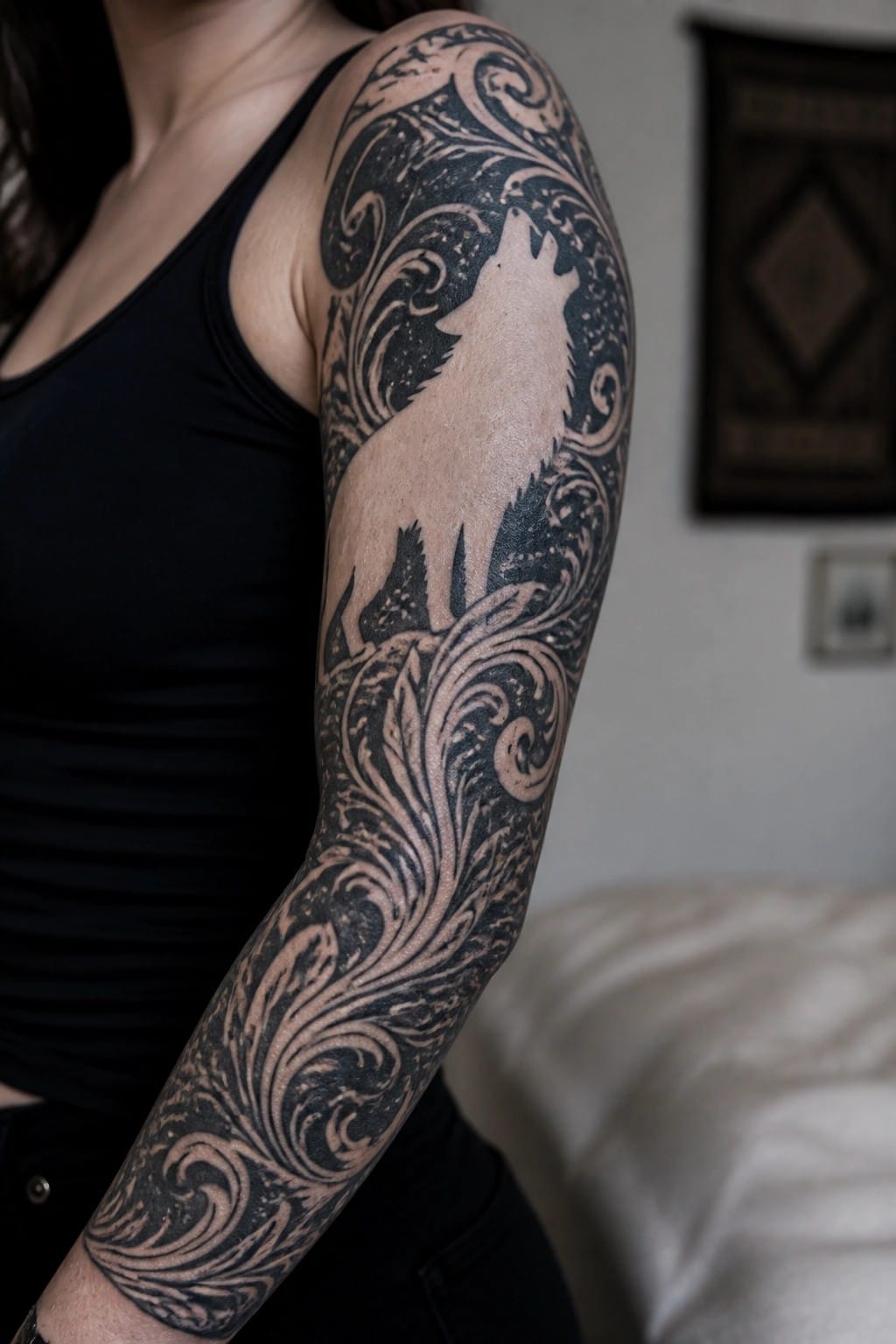 Woman’s arm showing a full sleeve tattoo with a howling wolf in negative space on the upper arm and black ornate patterns wrapping down the forearm