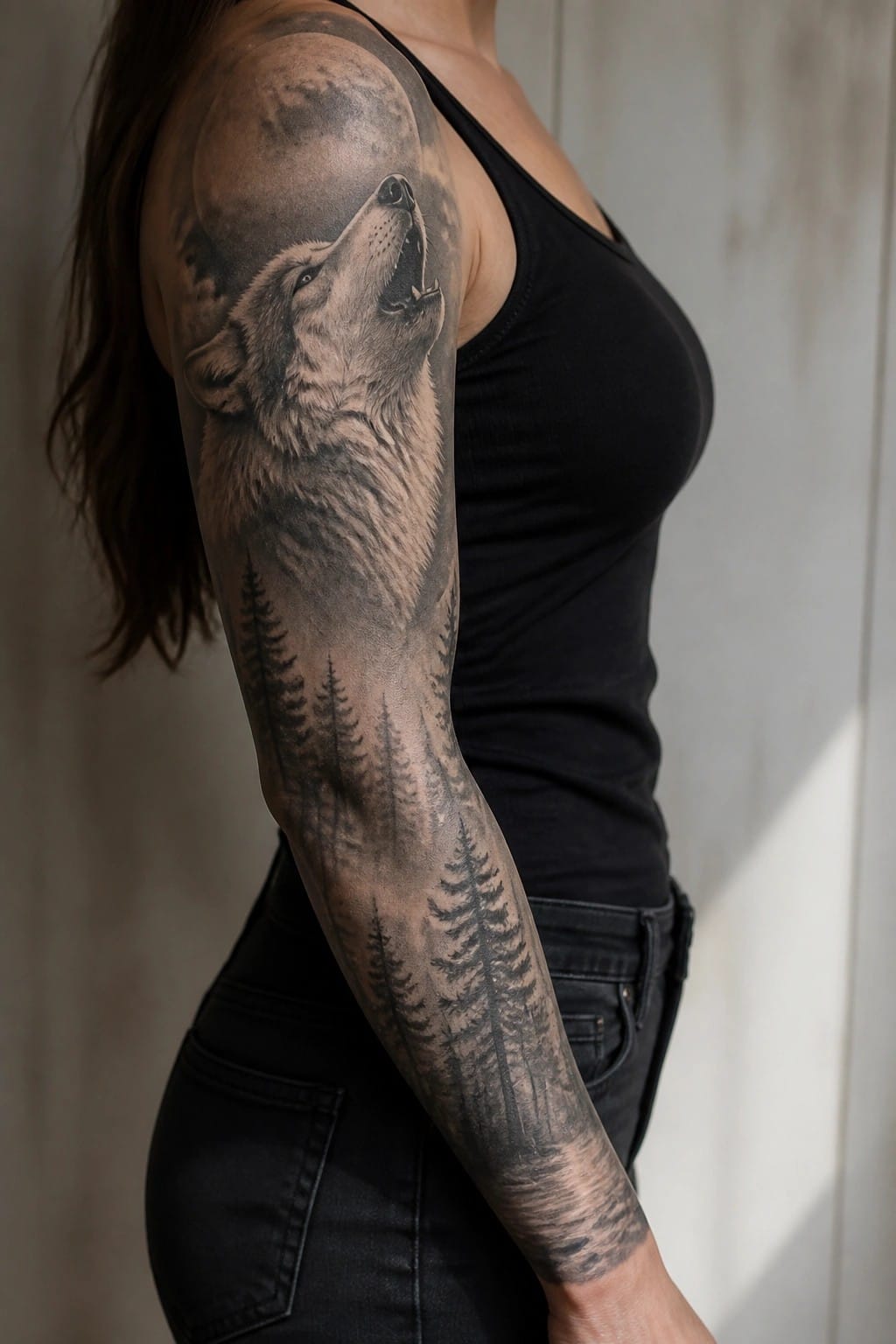 Woman in black tank top with howling wolf and forest tattoo sleeve.