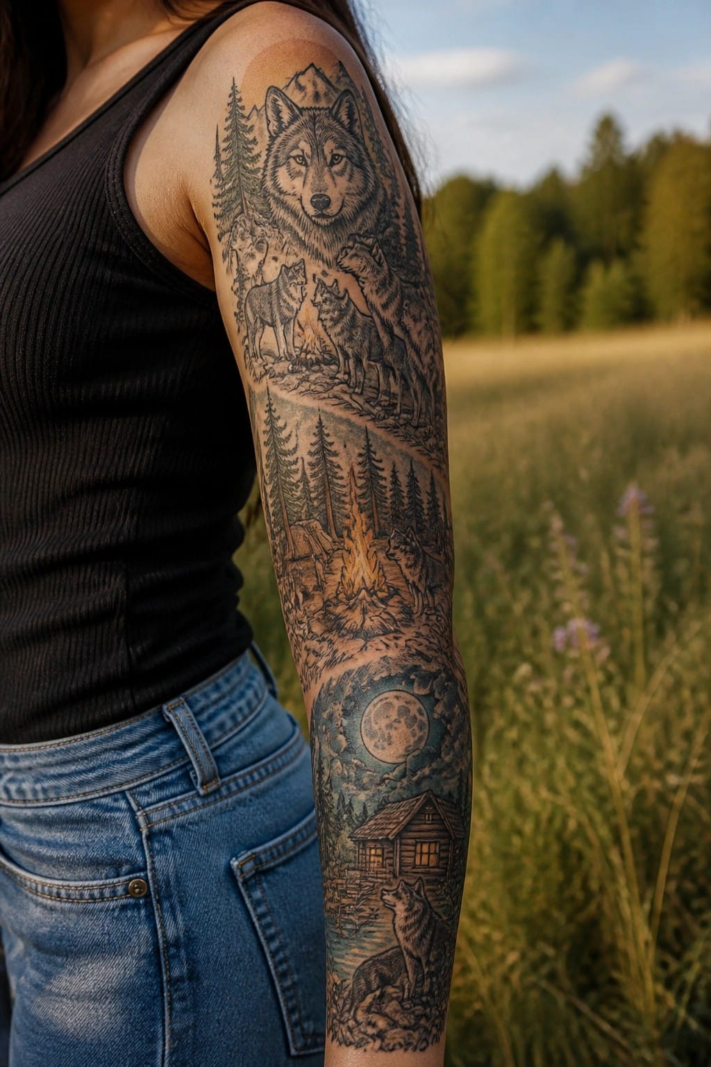 Woman's arm with detailed wolf forest tattoo, black tank top, blue jeans outdoors