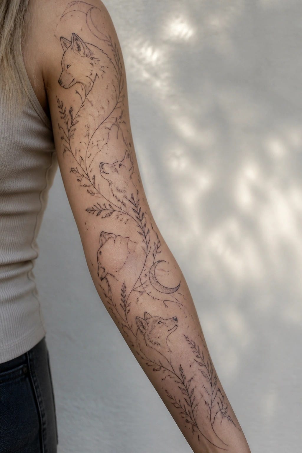 Fine line black and gray sleeve tattoo showing four wolf profiles linked by thin botanical vines and crescent moons along a woman's arm