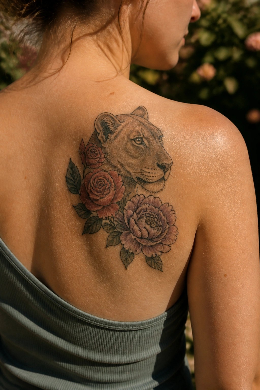 Woman's back with lioness tattoo amid red roses and peonies above gray tank top