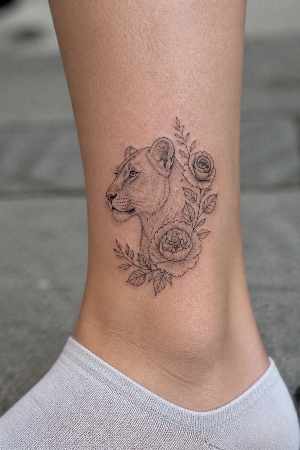 Fine line black and grey tattoo of a lioness head in profile with roses and peonies on the ankle.
