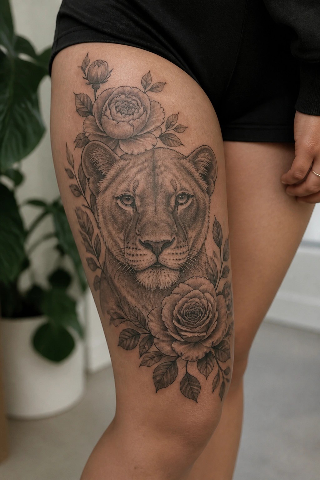 Realistic black-and-gray lioness tattoo with roses on person's thigh