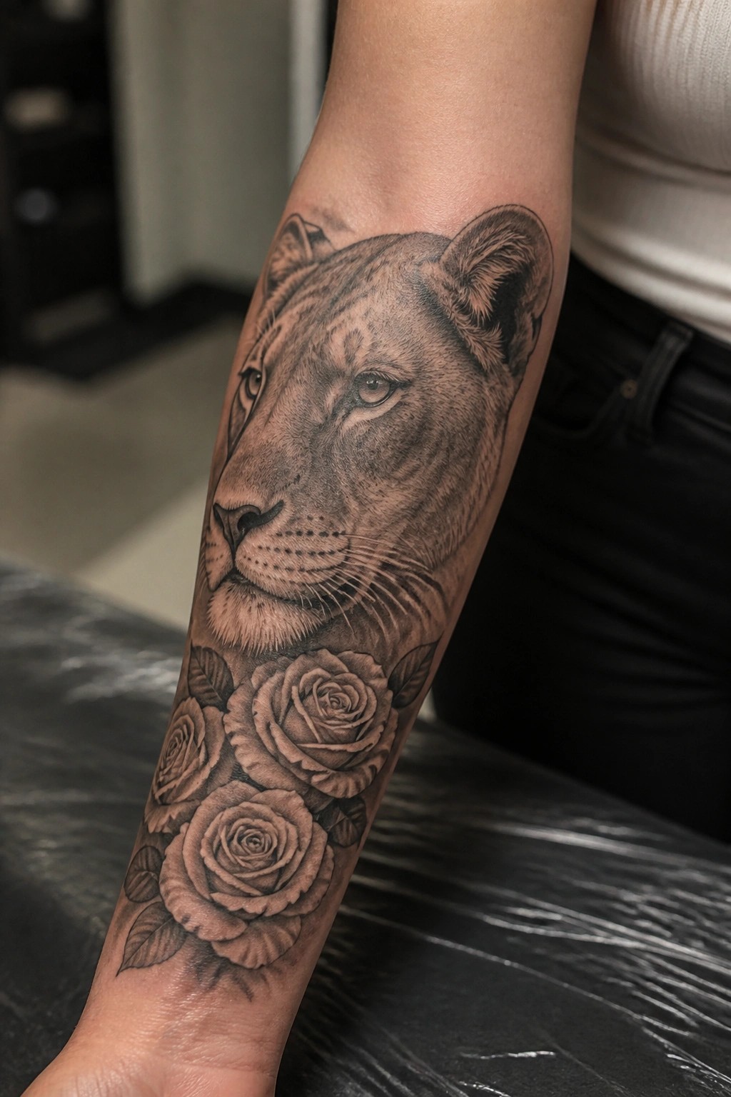 Black and gray lioness head with roses tattoo on forearm