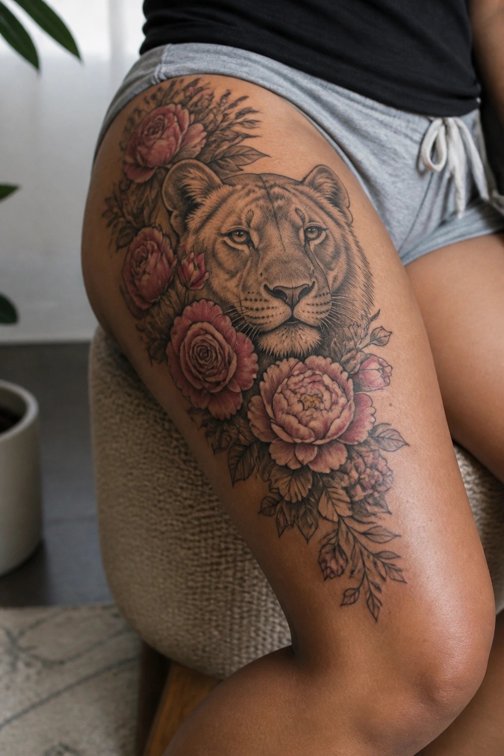 Lion tattoo with pink roses on thigh, person wearing gray shorts