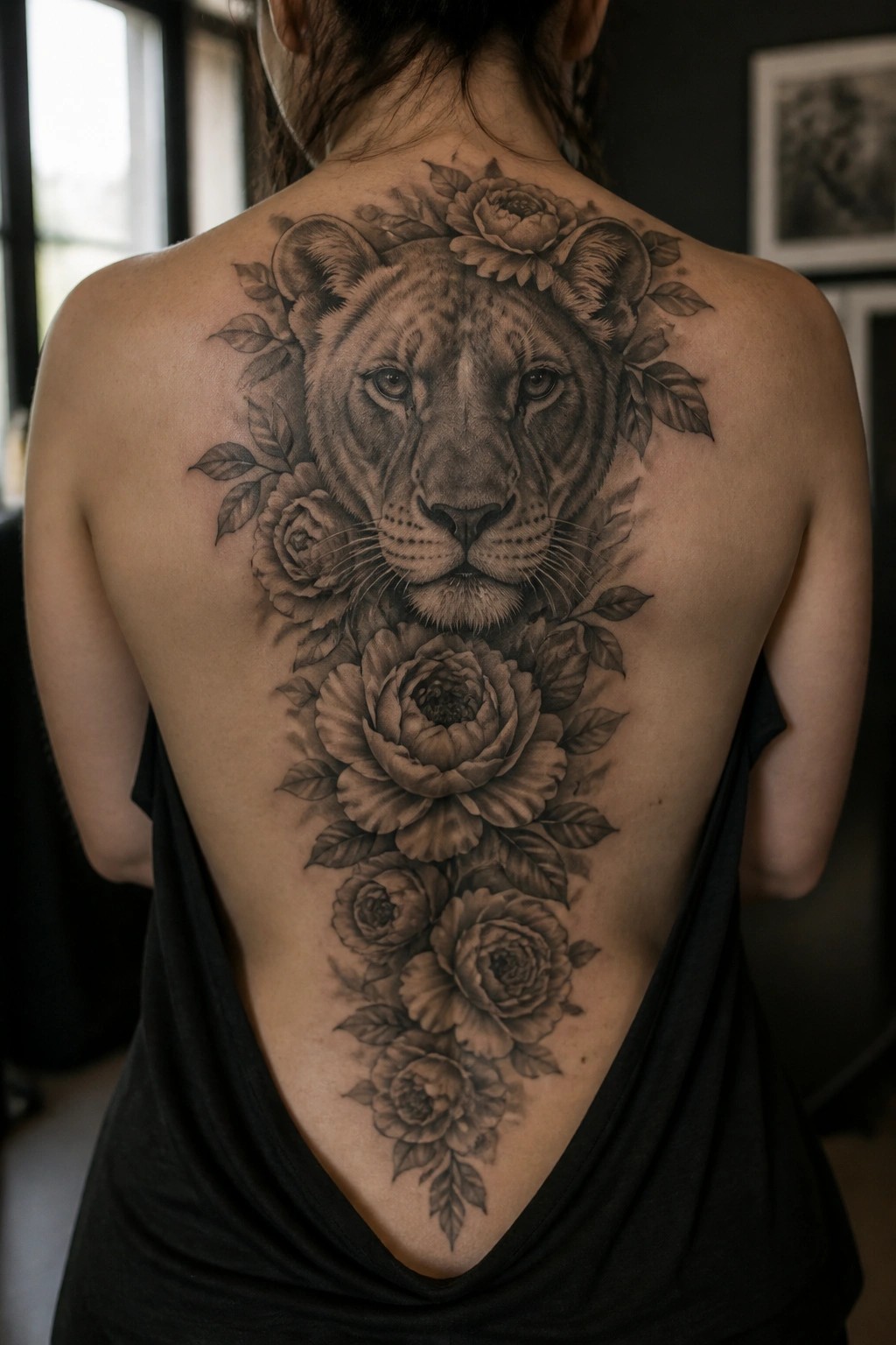 Woman's back with large black-and-gray lion and rose tattoo in low-back top