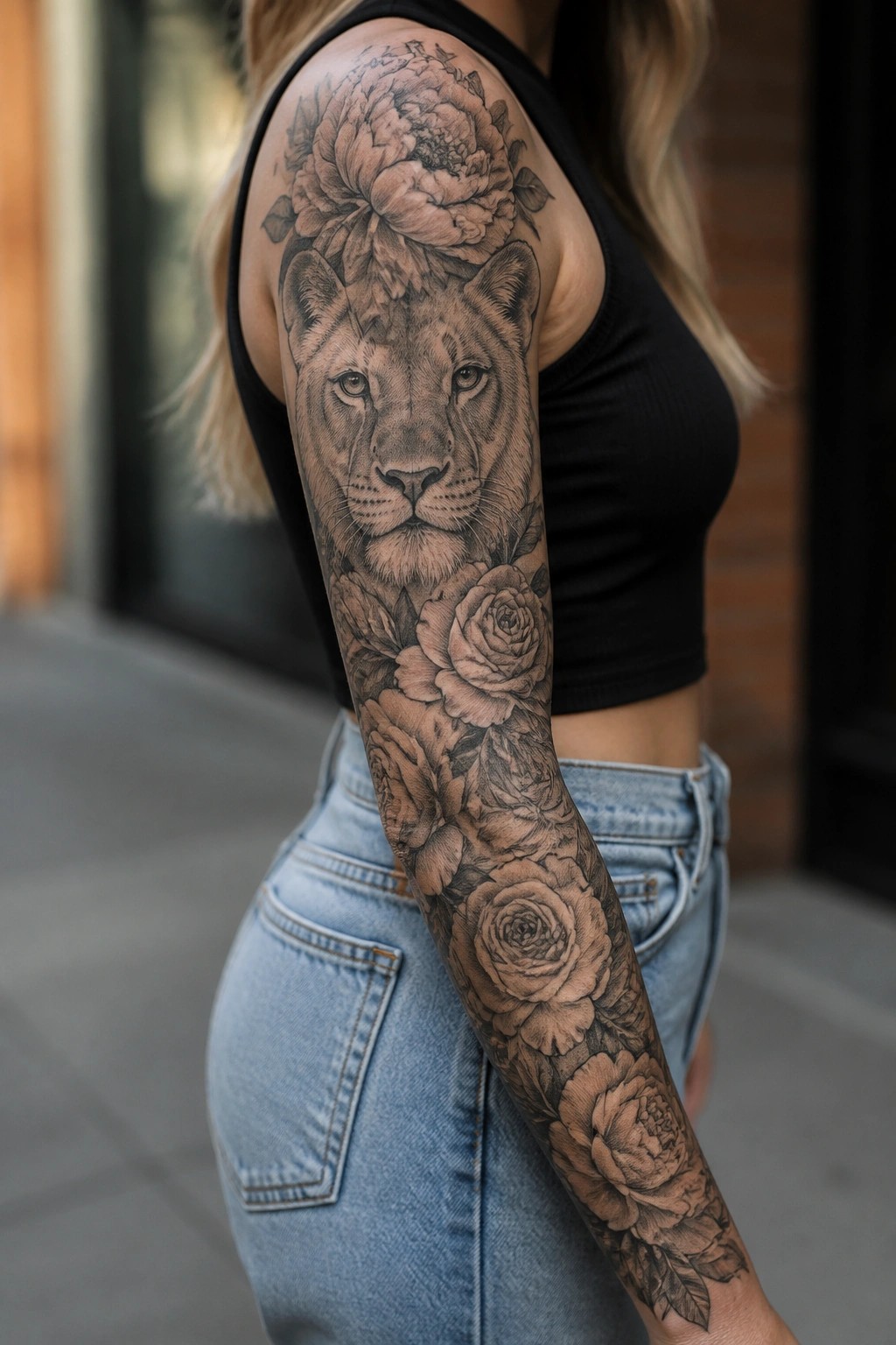 A realistic black and grey lioness face tattoo on a woman's upper arm, surrounded by peonies at the shoulder and roses flowing down the forearm to the wrist.
