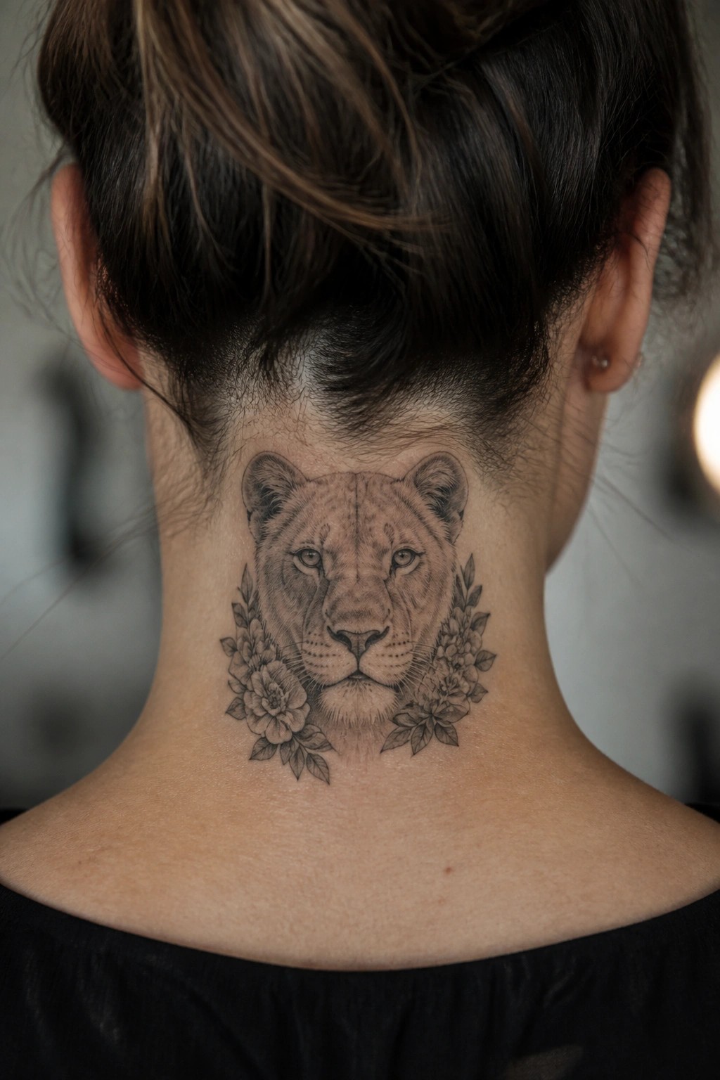 Black and grey lioness face tattoo with flowers on both sides, placed on the back of the neck.